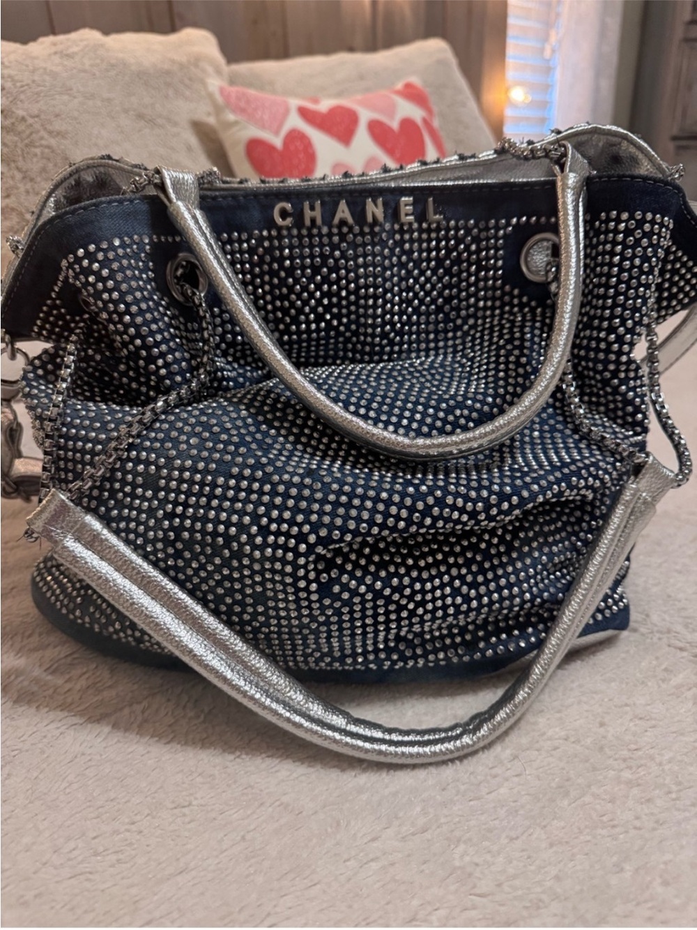 CHANEL Navy Crystal-Embellished Shoulder Tote with Silver Trim